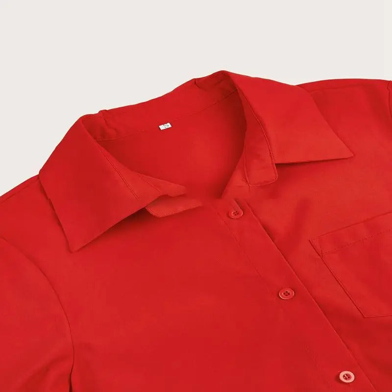 Comfortable red relaxed fit mini shirt dress for women, an elegant button-front design perfect for summer fashion.