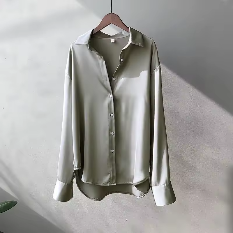 Dressy women's long sleeve button down top. Elegant relaxed fit blouse, perfect for professional or evening wear.