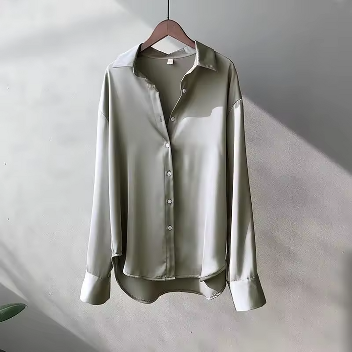Dressy women's long sleeve button down top. Elegant relaxed fit blouse, perfect for professional or evening wear.