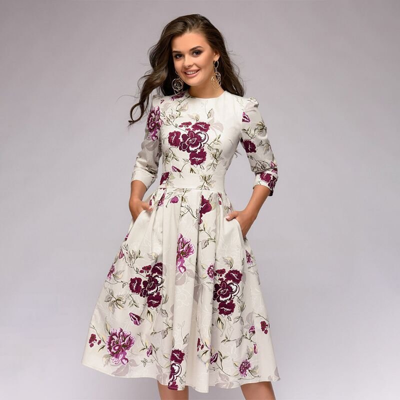 Elegant women's retro A-line midi dress with 3/4 sleeves. Perfect for parties & classic fashion.