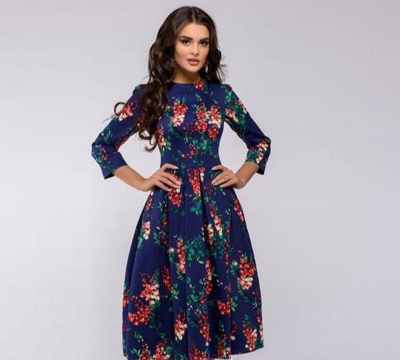 Women's classic retro A-line midi dress with elegant 3/4 sleeves, ideal for office or party wear.