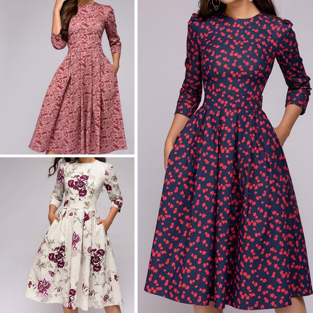 Versatile women's retro A-line midi dress, 3/4 sleeves. Elegant style for office, parties, or everyday fashion.