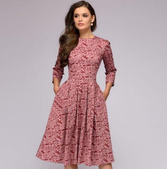 Vintage-style party dress for women: A-line midi cut, elegant 3/4 sleeves. Classic fashion statement.