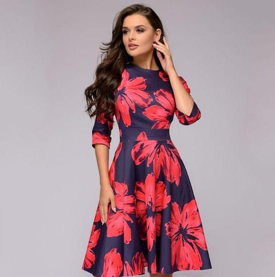 Women's retro midi dress with elegant 3/4 puff sleeves. A-line silhouette for a classic fashion look.