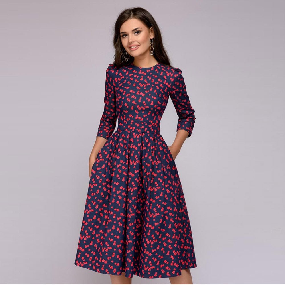 Colorful women's vintage A-line midi dress, 3/4 sleeves. An elegant choice for parties or office.
