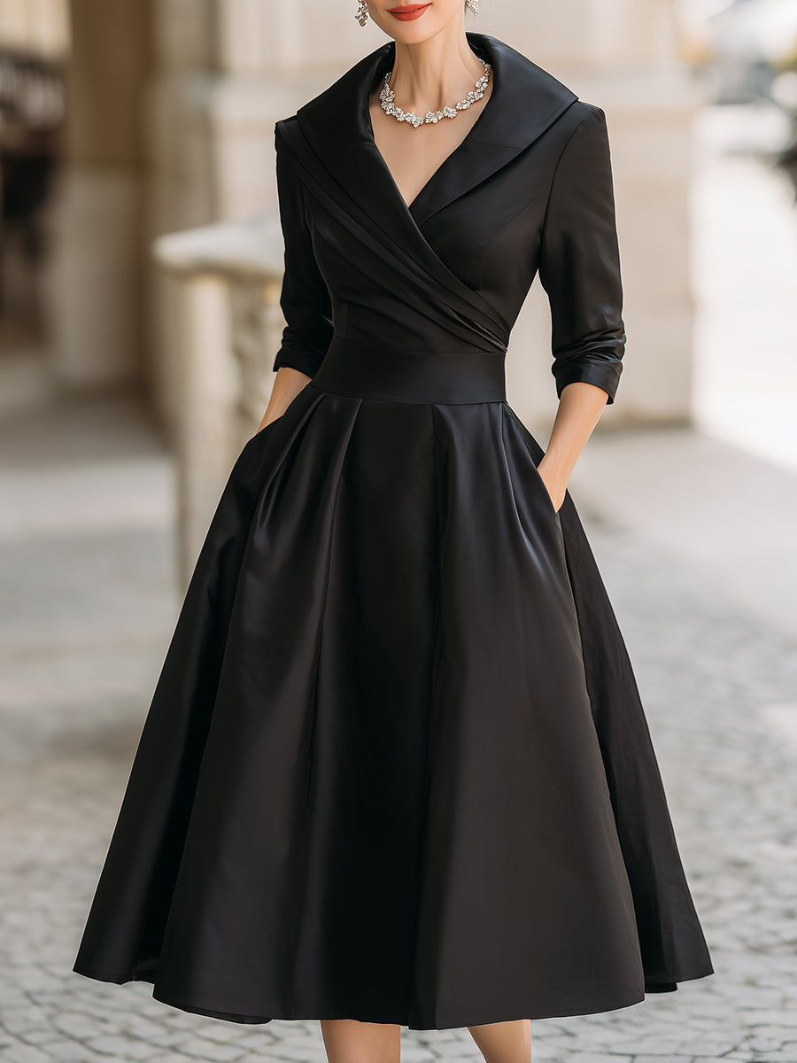 Elegant women's retro draped collar midi dress for formal occasions & evening wear.