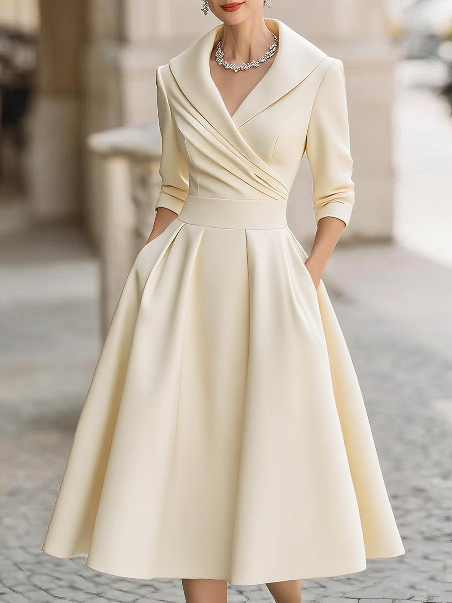 Elegant A-line midi dress with draped collar, perfect for formal occasions & evening wear.