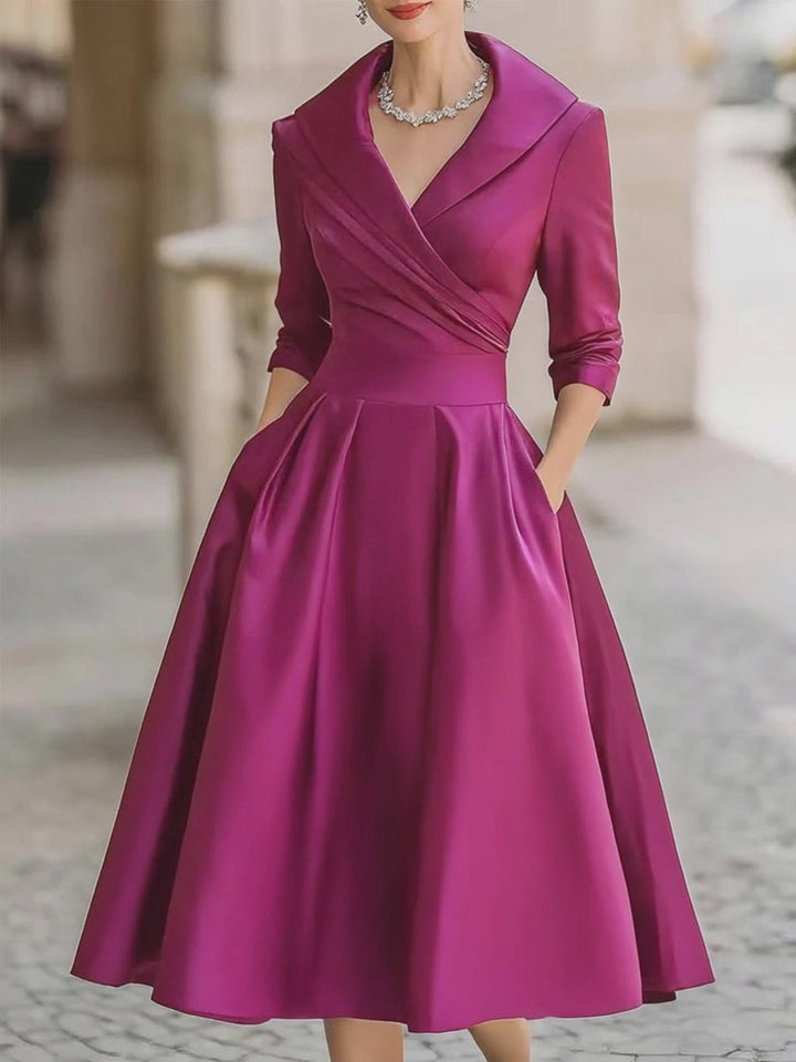 Retro draped collar long sleeve midi dress for women, a stylish formal wear option.