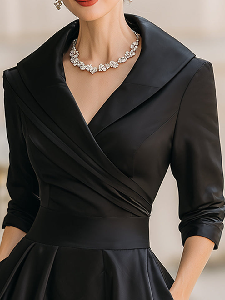 Stylish A-line long sleeve midi dress with a chic draped collar, perfect for wedding guests.