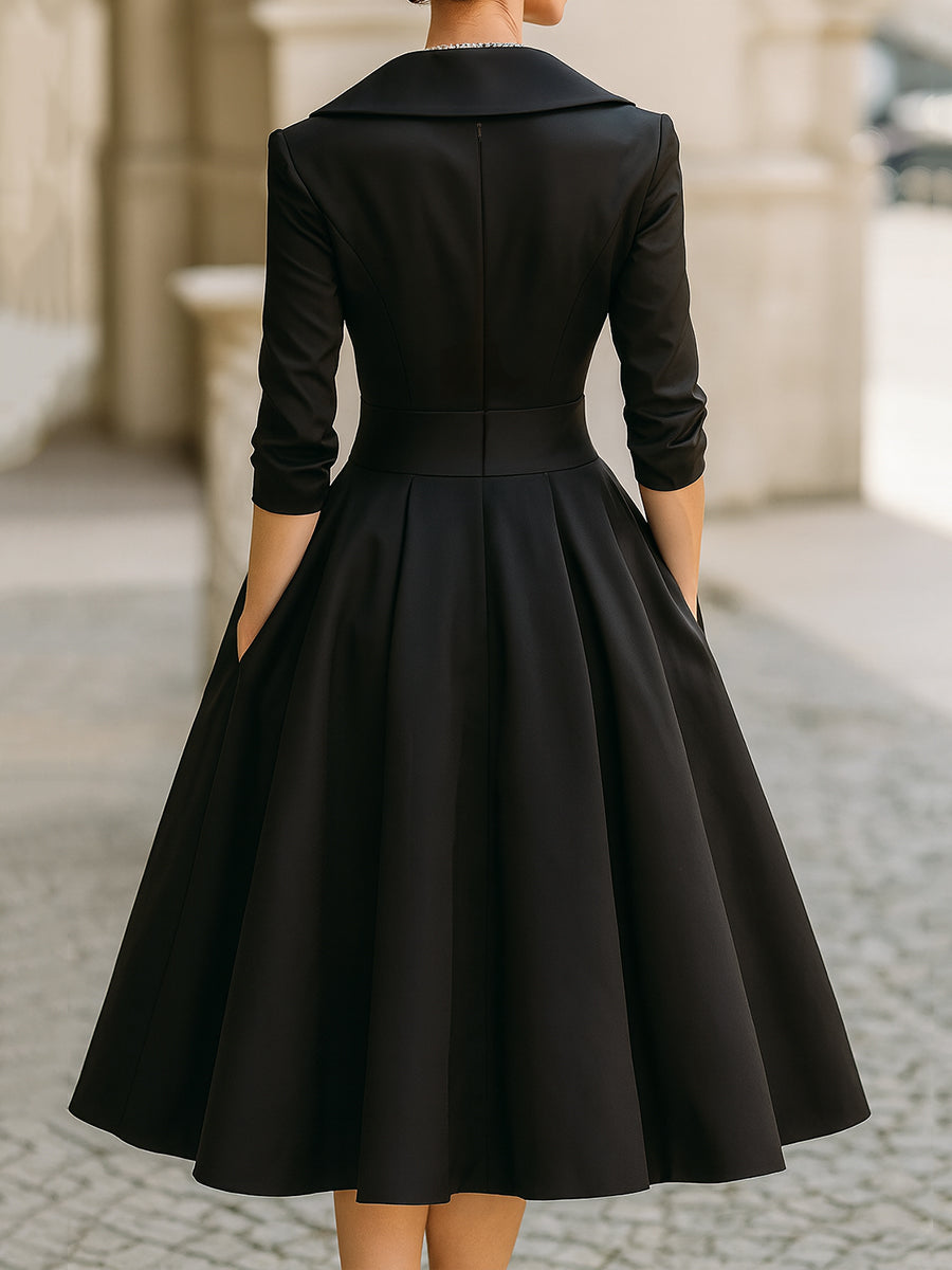 Retro-inspired elegant midi dress with a unique draped collar, ideal for formal wear.