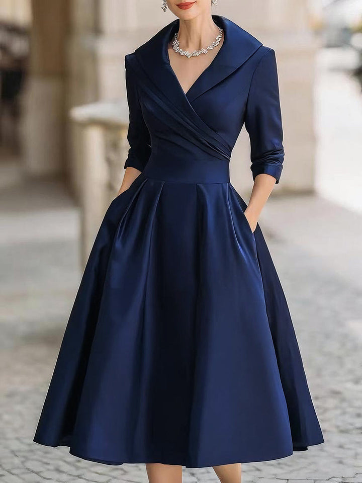 Women's long sleeve A-line midi dress, a stunning draped collar evening gown.