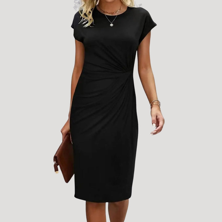 Elegant women's ruched cap sleeve midi dress. Flattering fit, perfect for office wear or chic casual events.