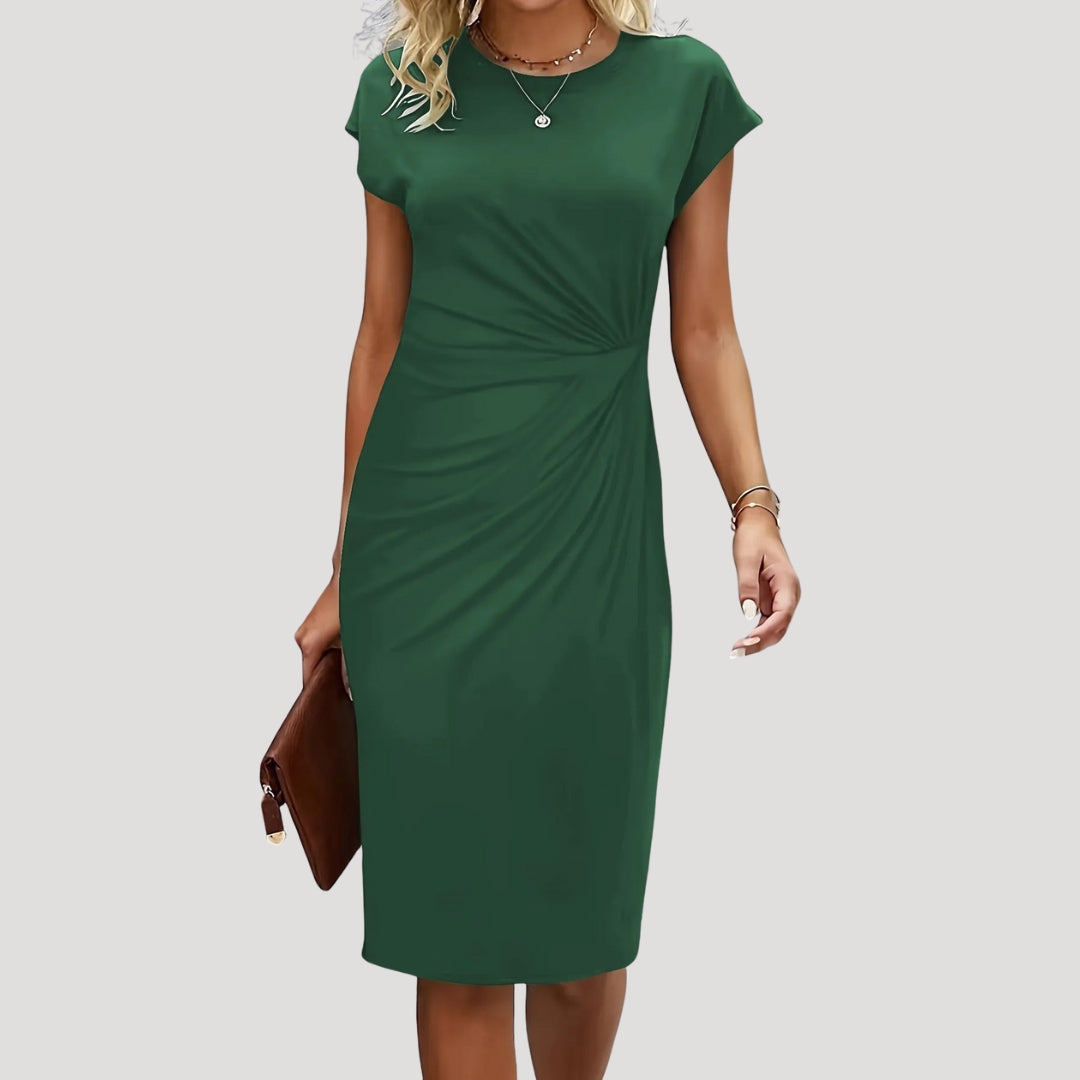 Women's professional midi dress with ruched details & cap sleeves. Ideal for work, smart casual, or versatile fashion.