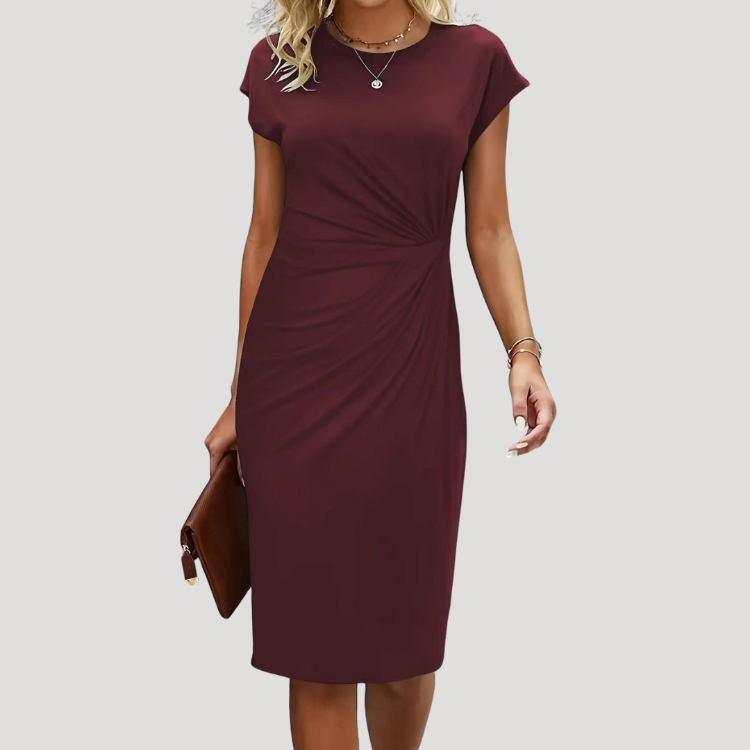 Chic women's cap sleeve midi dress. Ruched for a flattering fit, comfortable for office wear or special occasions.