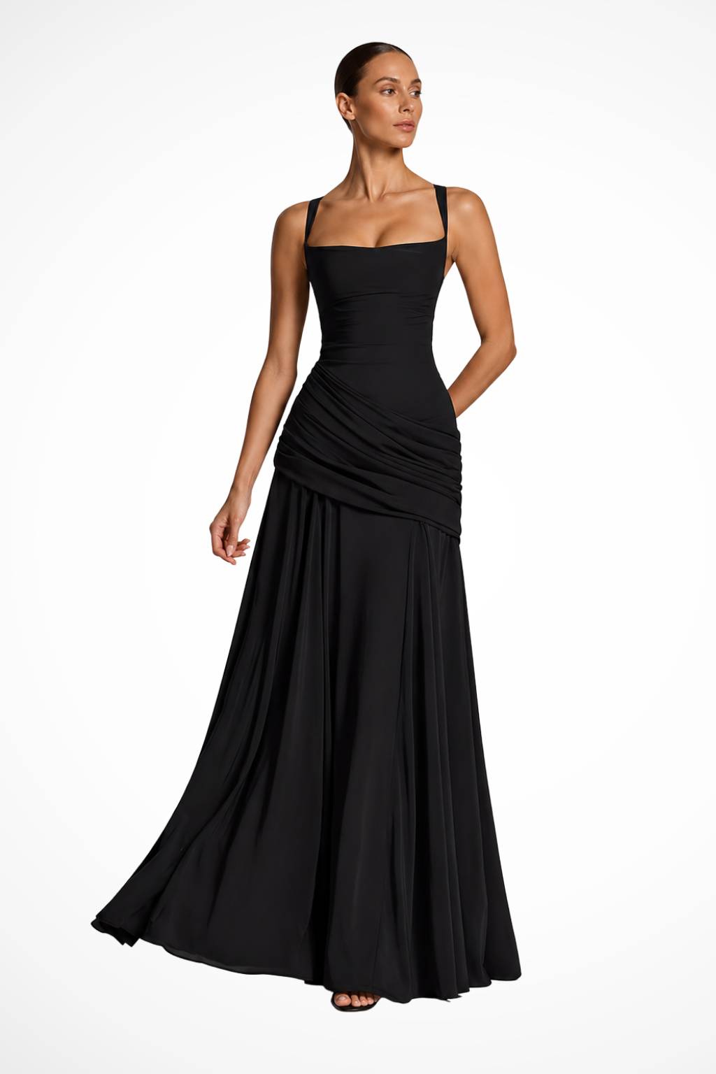 Elegant women's ruched spaghetti strap maxi dress for formal events & special occasions.