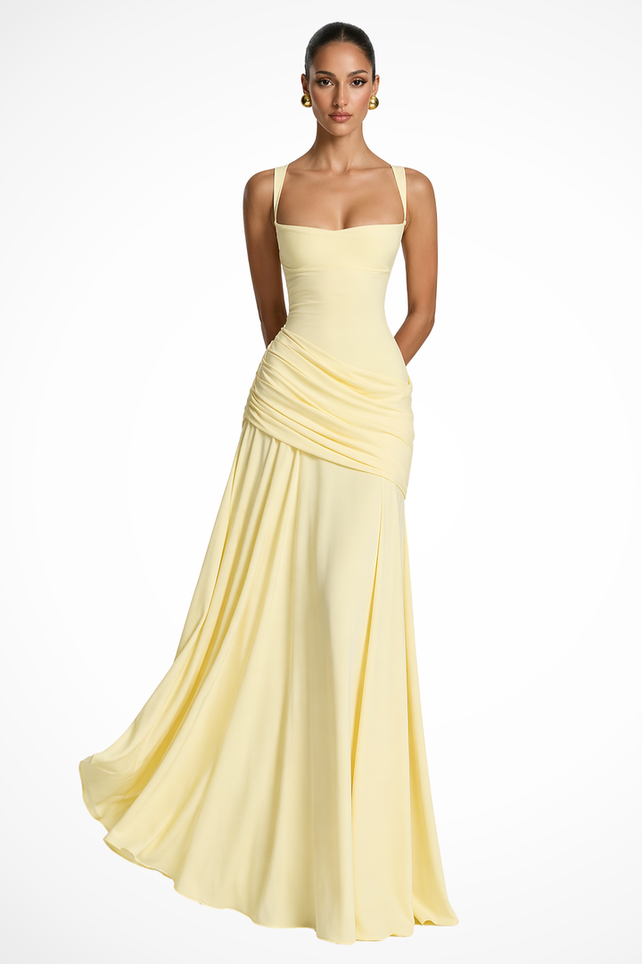 Flattering ruched spaghetti strap maxi dress for women, perfect for parties & evening wear.