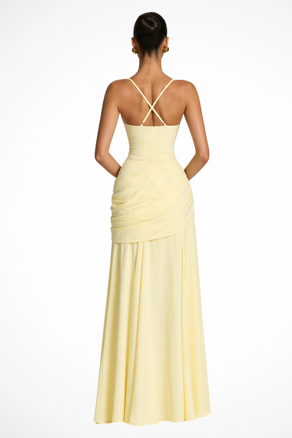 Timeless elegant ruched maxi dress with spaghetti straps, ideal for cocktails & special occasions.