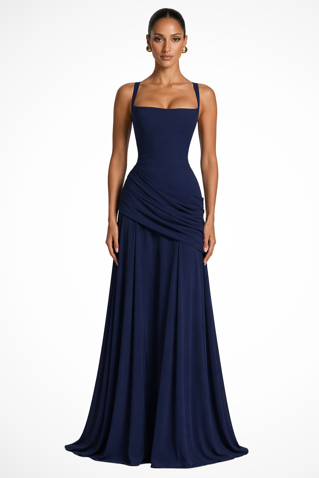 Women's long sleeveless ruched formal dress; an elegant evening gown for special events.