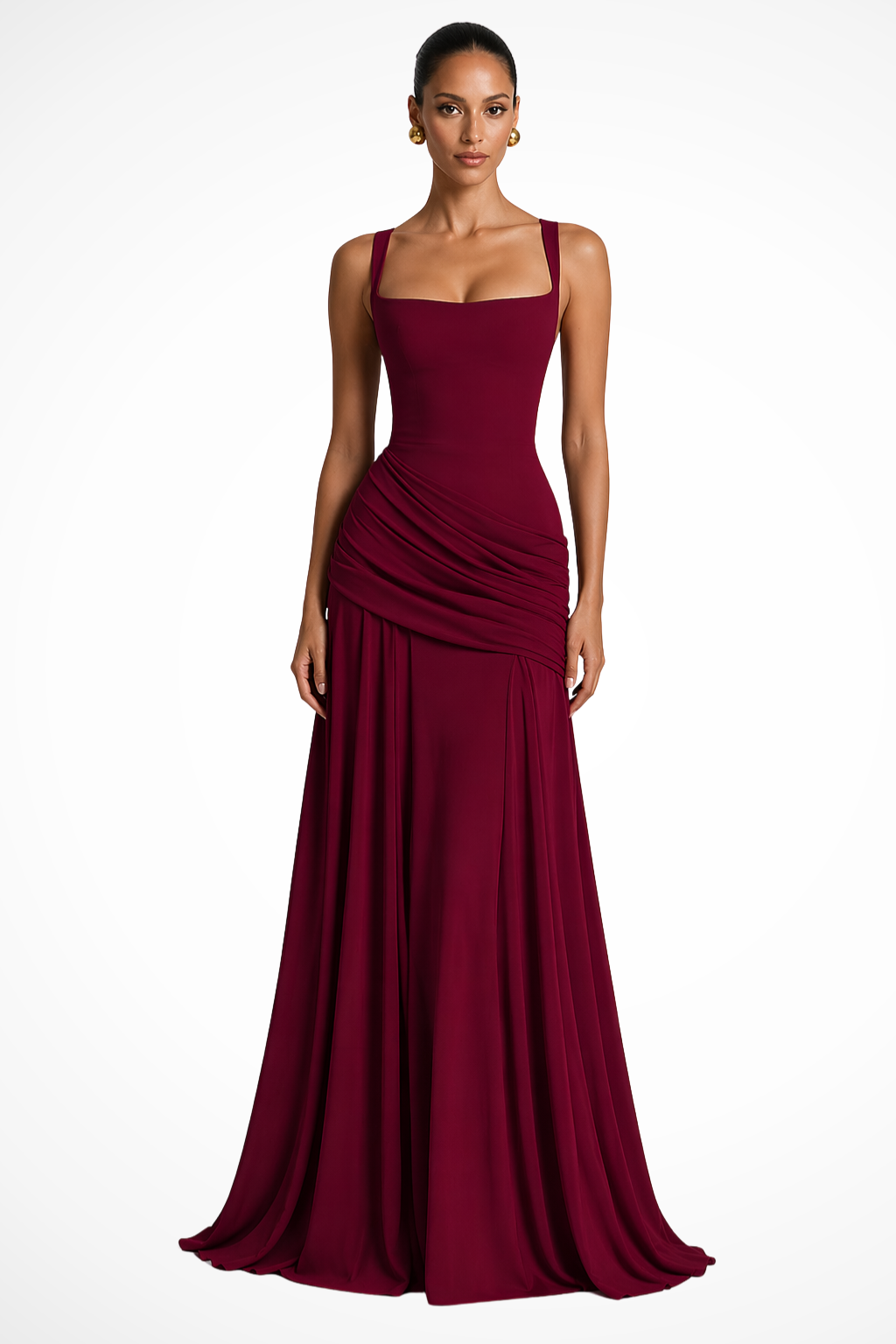 Sophisticated women's ruched spaghetti strap maxi dress, a stunning long party dress with flattering fit.