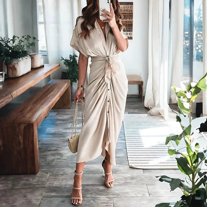 Elegant women's ruched tie waist collared midi dress, ideal for cocktail parties & special occasions.