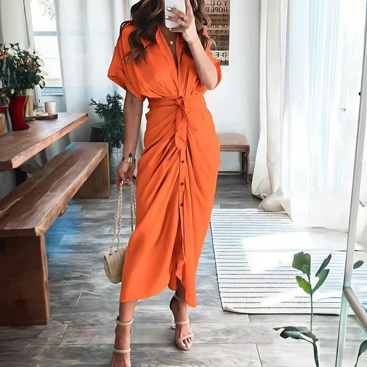 Versatile women's collared midi dress, ruched tie waist, suitable for elegant spring and summer occasions.