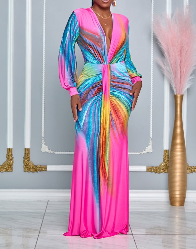 Elegant Women's Ruched V-Neck Shaping Maxi Dress, bodycon style for formal occasions.