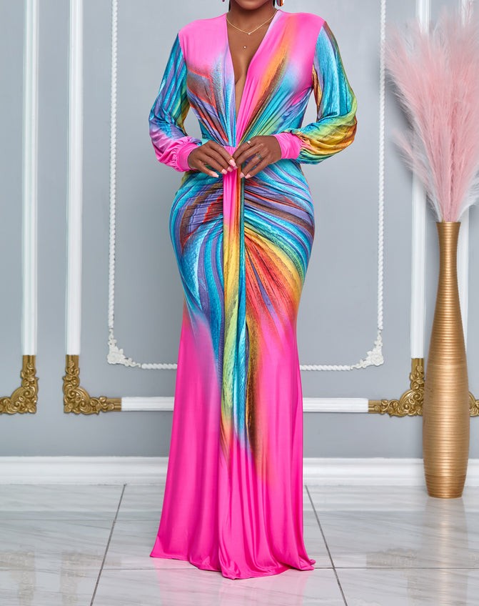 Pink Women's Ruched V-Neck Shaping Maxi Dress. Flattering bodycon evening dress for parties.