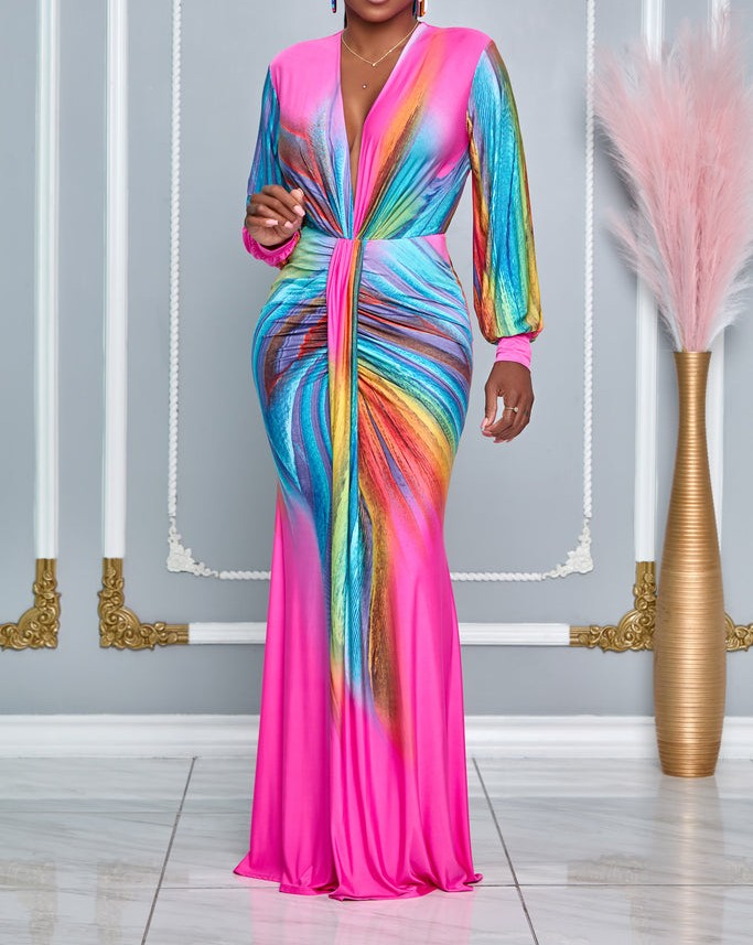Blue Women's V-Neck Ruched Control Maxi Dress, an elegant bodycon for formal or party wear.