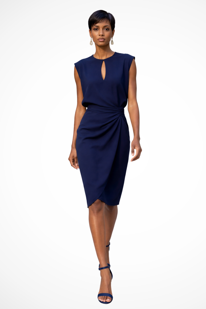 Flattering V-neck ruched wrap midi dress for women. Sophisticated cap sleeve style, versatile for day to night.