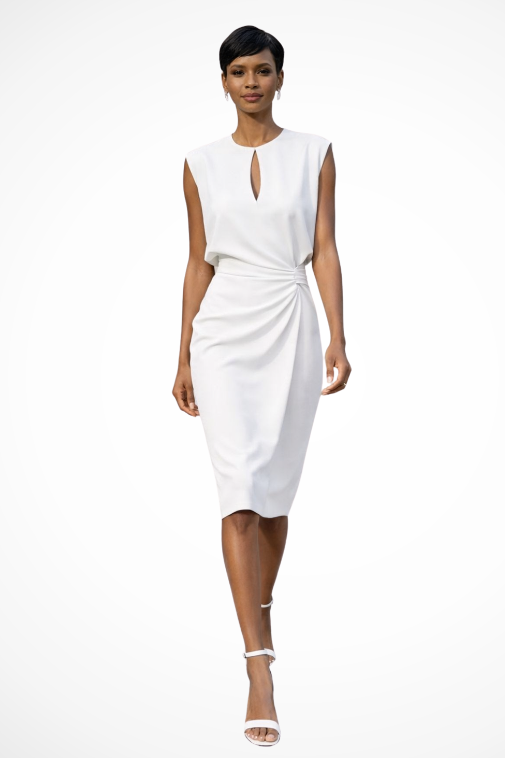 Chic women's cap sleeve midi dress, featuring a ruched wrap design. Ideal elegant party or wedding guest attire.