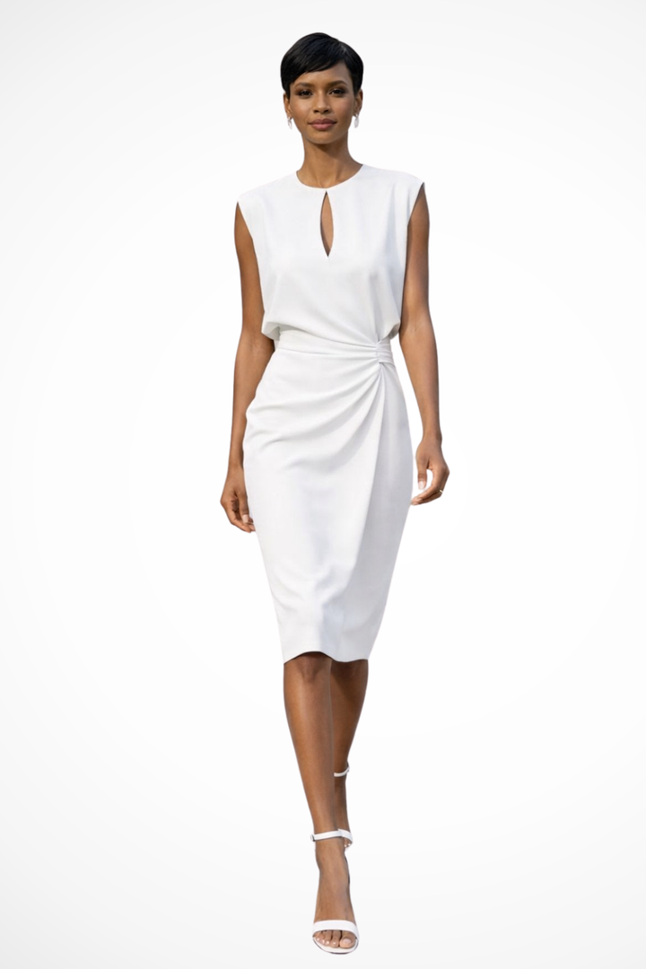 Chic women's cap sleeve midi dress, featuring a ruched wrap design. Ideal elegant party or wedding guest attire.