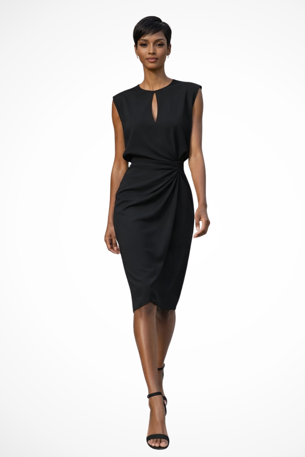 Sophisticated women's ruched wrap V-neck midi dress with cap sleeves. A flattering and versatile feminine style.