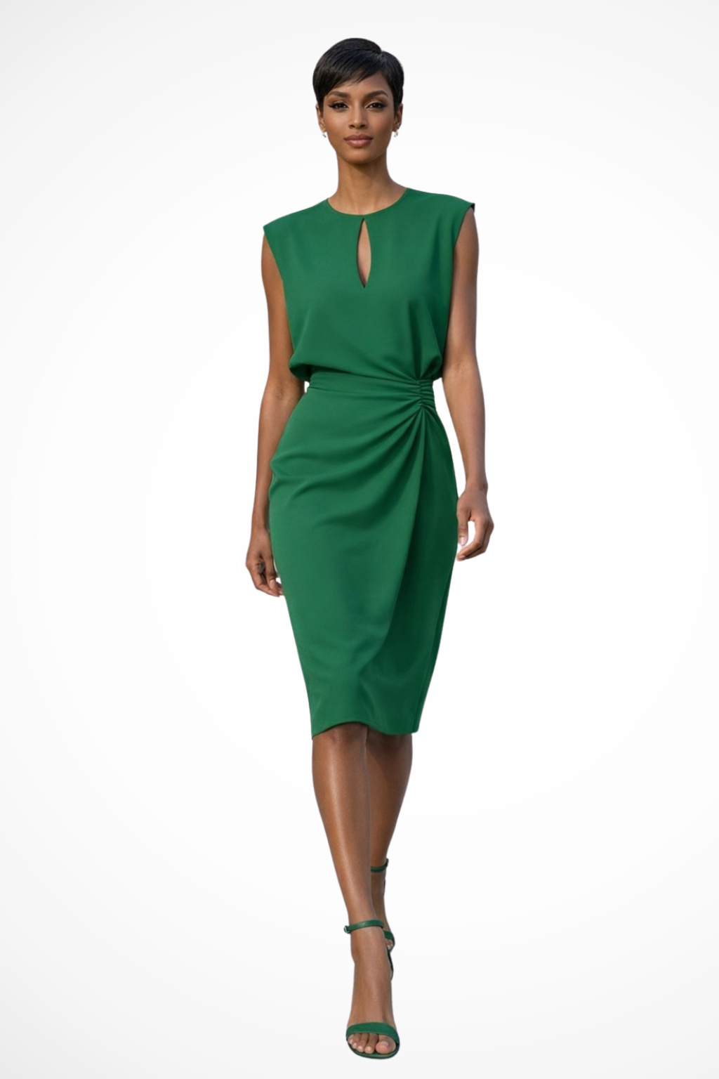 Women's elegant wrap midi dress with ruched details and cap sleeves. A stylish choice for cocktail events.