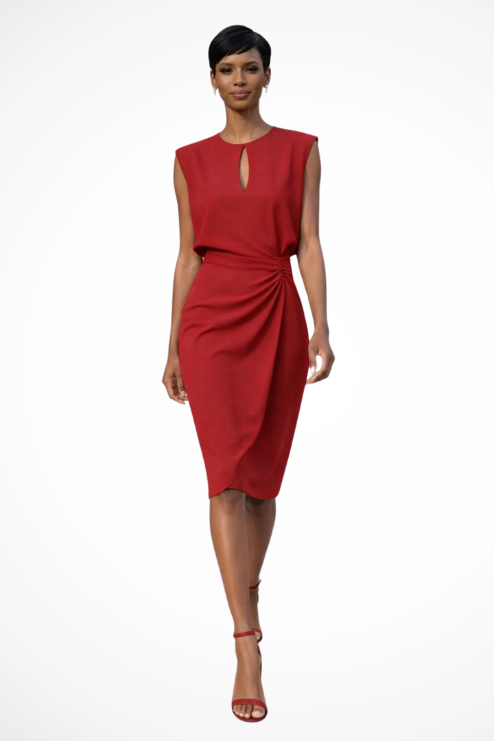 Beautiful women's midi dress. Features a flattering ruched wrap design, V-neck, and elegant cap sleeves.