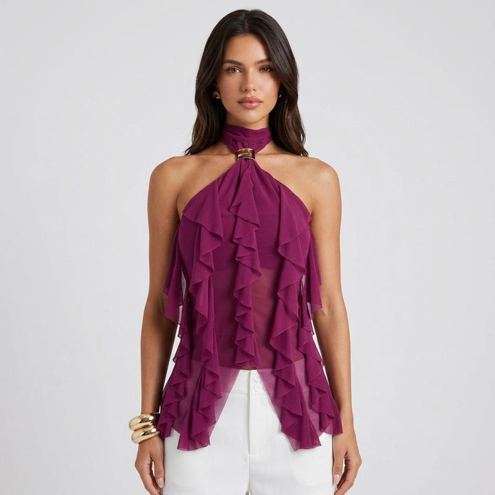 Elegant women's ruffle halter top blouse, perfect for formal occasions and evening wear.