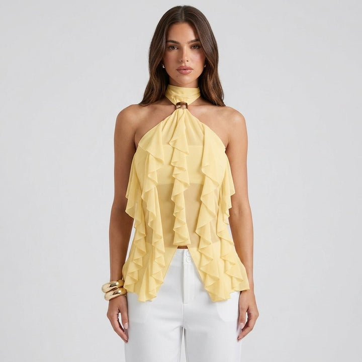 Sophisticated black ruffle halter top, a versatile sleeveless blouse for formal wear.