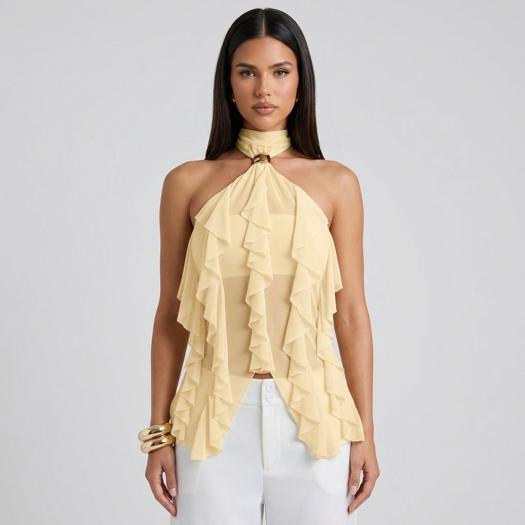 Delicate ruffles adorn this women's halter top blouse, an elegant sleeveless mock neck design.