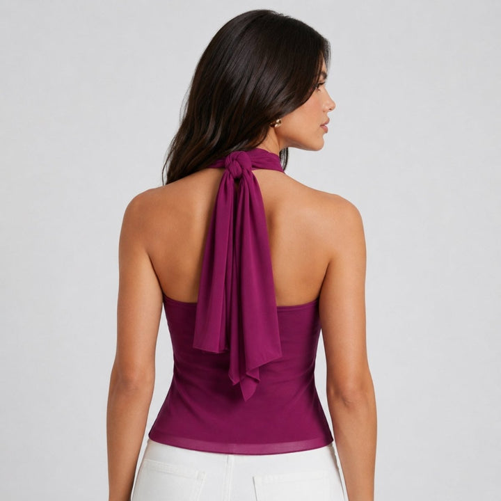 Sophisticated purple ruffle halter top for women, ideal as an elegant sleeveless evening blouse.
