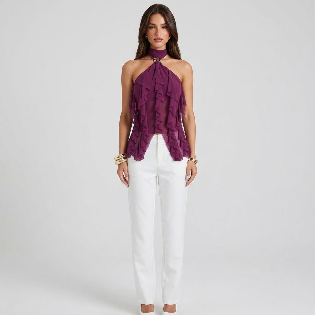 Chic black mock neck halter top blouse with delicate ruffles, great for special occasions.