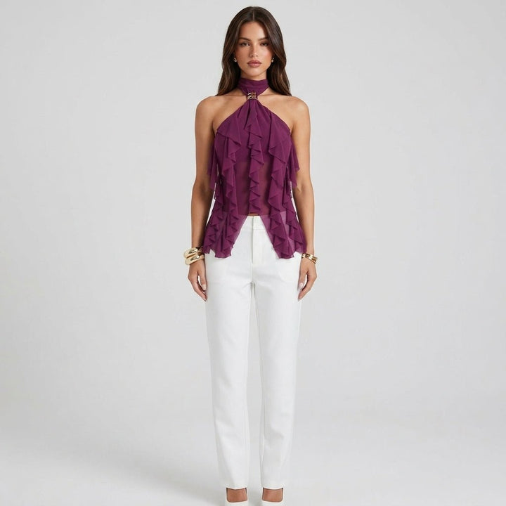 Chic black mock neck halter top blouse with delicate ruffles, great for special occasions.