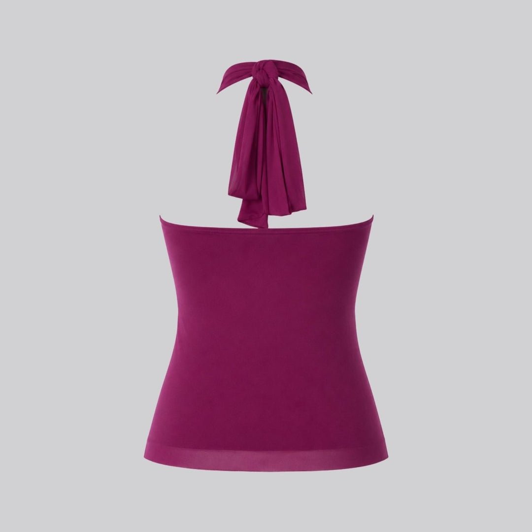 Women's formal ruffle halter top, an elegant sleeveless blouse with a chic mock neck design.