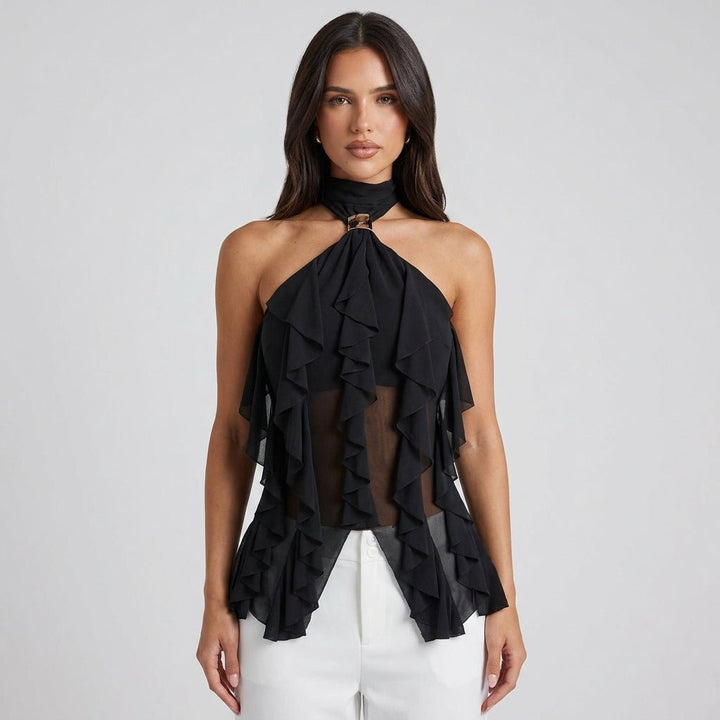 Stylish women's evening blouse: a purple ruffle halter top, perfect for special events.