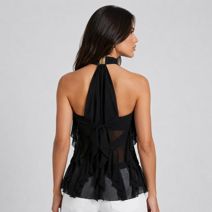 Black elegant sleeveless halter top with ruffles, a sophisticated choice for formal wear.