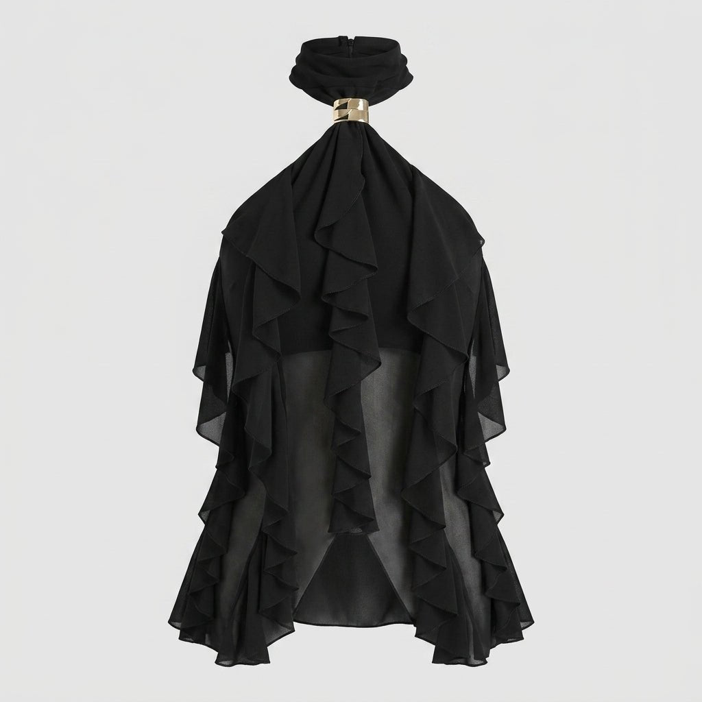 Elegant women's sleeveless blouse featuring a ruffle halter and stylish mock neck design.