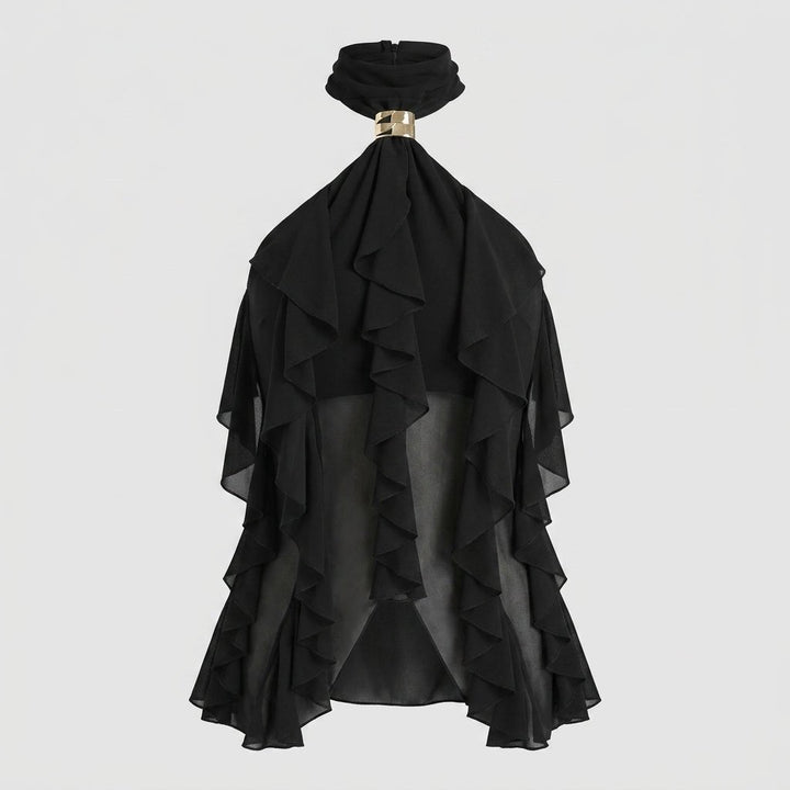 Elegant women's sleeveless blouse featuring a ruffle halter and stylish mock neck design.