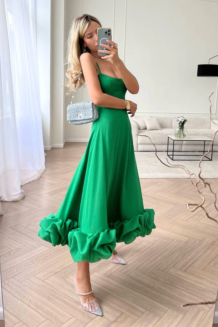 Flowing women's ruffle hem maxi dress, elegant formal wear for homecoming, wedding guest & evening events.