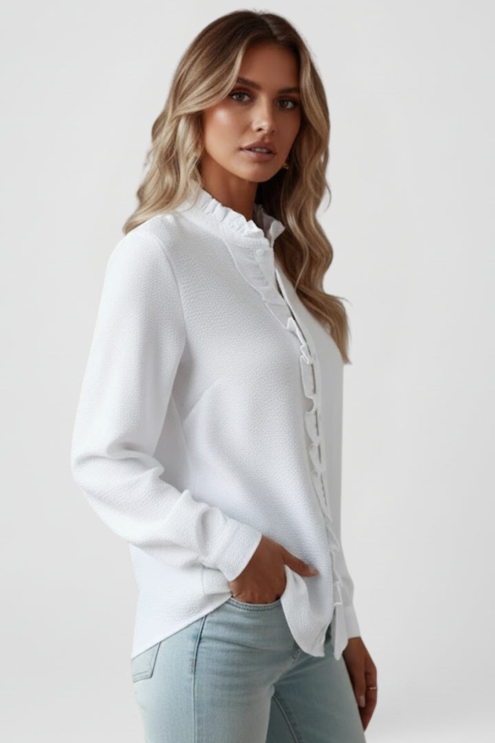 Pink women's ruffle long sleeve blouse, a stylish button-front top for elegant office or everyday fashion.