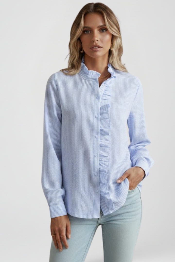 Stylish women's elegant long sleeve ruffle blouse with a button-front design, ideal for office or casual wear.