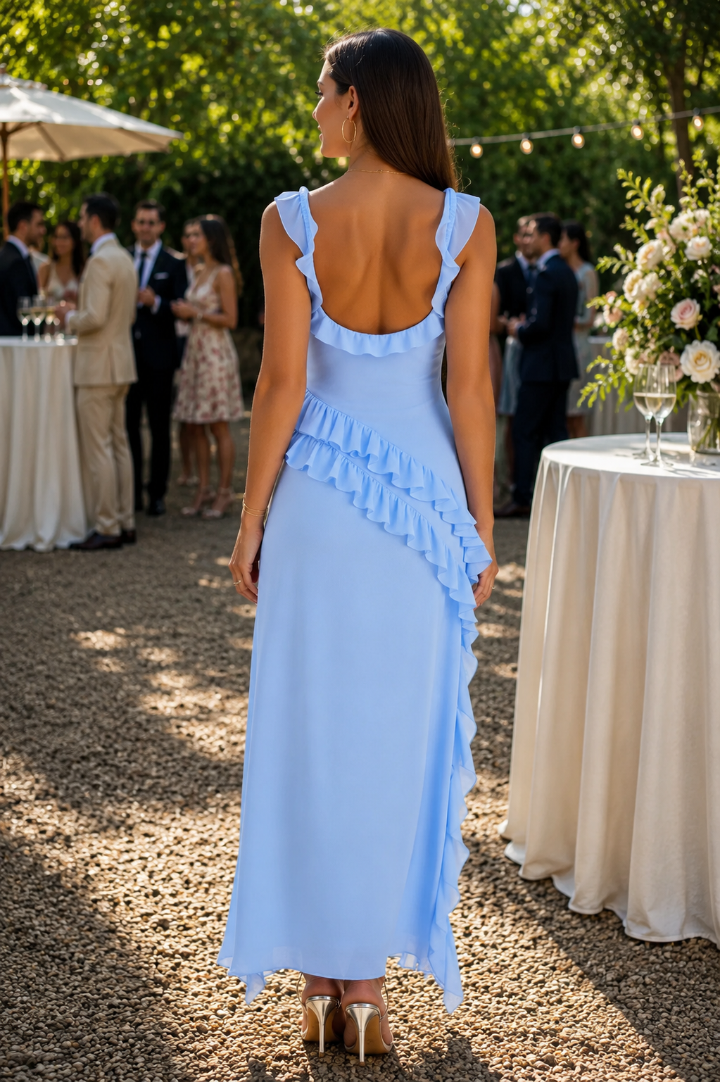 Feminine women's ruffle maxi dress, showcasing an elegant flowing silhouette for timeless style and charm.