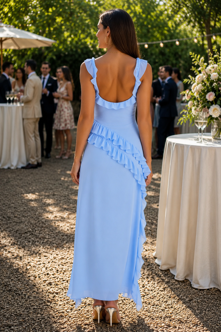 Feminine women's ruffle maxi dress, showcasing an elegant flowing silhouette for timeless style and charm.